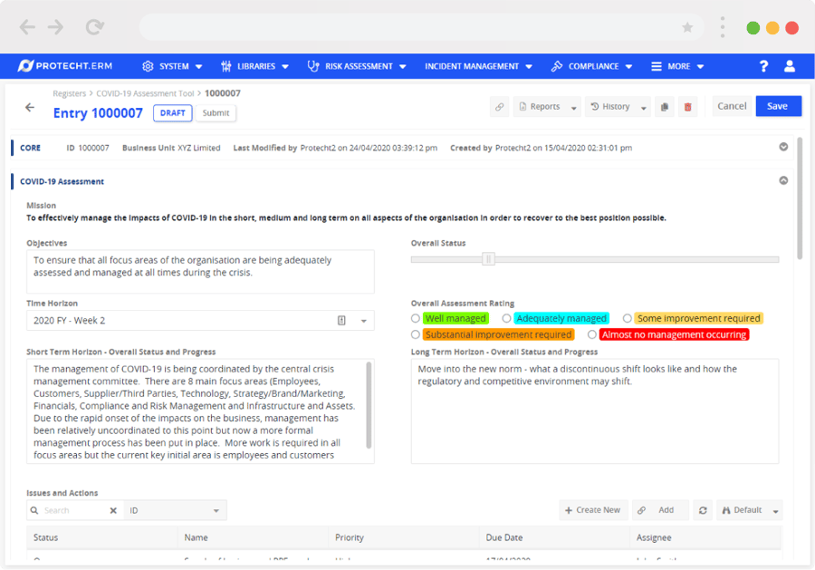 COVID-19 Assessment Tool in Protecht.ERM system