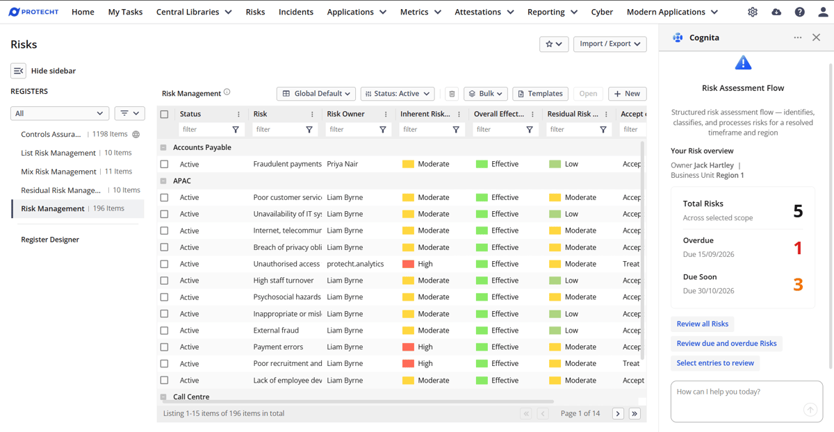 Cognita guiding a review of existing risks, with related records and recommendations for user approval Cognita guiding a review of existing risks, with related records and recommendations for user approval