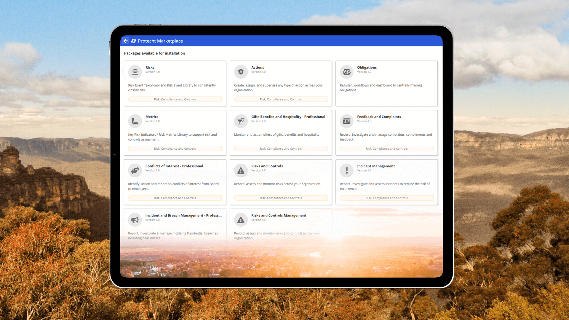 Protecht Marketplace screenshot in a tablet showing all the available packages including risk and compliance registers and dashboards